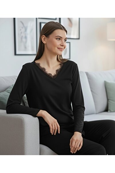 ÇAĞ MODA Viskon Örme Dantelli V Yaka Uzun Kol Kadın Pijama Takımı Siyah