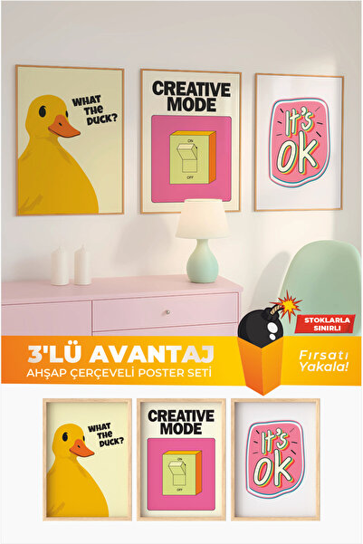 MIOVI 3’lü Ahşap Çerçeveli Poster Seti – Renkli Modern Pop Art Tablo Koleksiy...