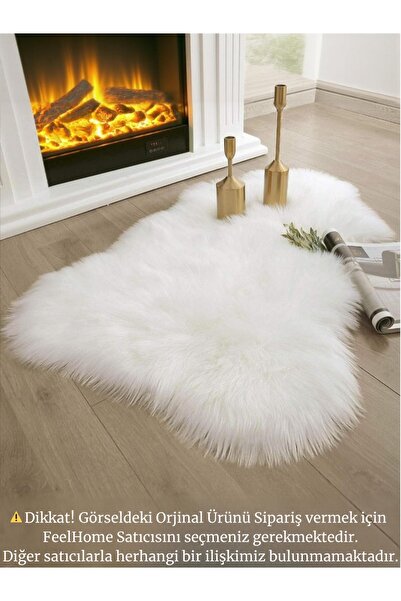 FeelHome Puffin Yumuşacık Pofuduk Kuzu Post Premium Kalite Kaymaz Taban Kürk Halı Makinede Yıkanabilir Beyaz