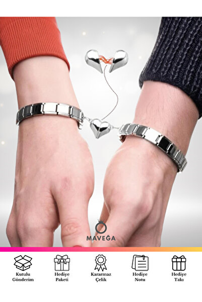 MAVEGA 2'li Mıknatıslı Kalpli Çift Sevgili Esnek İtalyan Charm Bileklik Yükse...