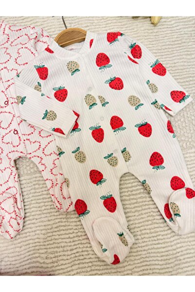 VANİLLİA Organic 100% Cotton Heart and Strawberry Printed 2-Piece Romper Set Newborn Set Newborn Romper