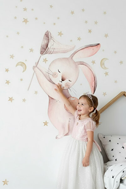 Kt Grup مجموعة ملصقات حائط على شكل قمر ونجمة على شكل أرنب صغير للأطفال والرضع
