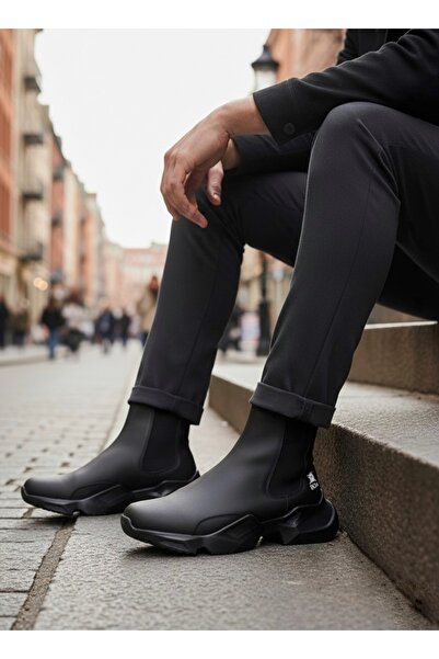 BOA Ba0444 Laceless Comfortable High Sole Black Men's Sports Half Ankle Boots