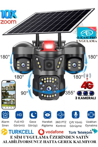TRCharger O-Kam 9MP Lens 3 Kameralı 4G Solar Güvenlik Kamerası – UltraHD Renk...