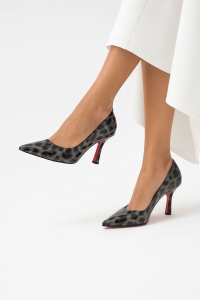 defile ayakkabi Kadın Siyah Leopar Desenli Stiletto