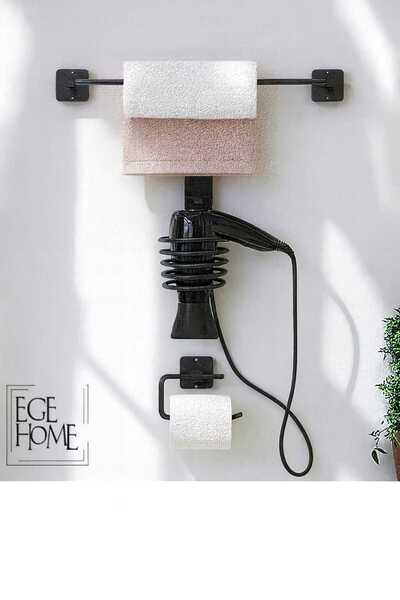 EGE HOME STORE Yapışkanlı 3 lü set siyah fön makinesi askısı uzun havlu askıs...