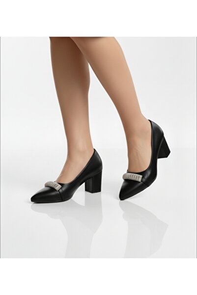 Elit 9675 Black Stone Detailed Comfortable Women's Heeled Shoes