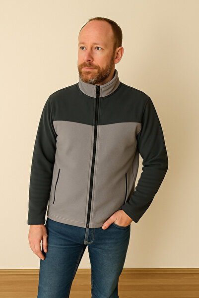 Butik Unisex Gri-Lacivert Anti-pilling Tüylenme Yapmayan Standart Fit Tam Fermuarlı Soğuk Geçirmez Polar