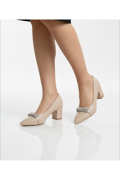 Elit 9675 Beige Stone Detailed Comfortable Women's Heeled Shoes