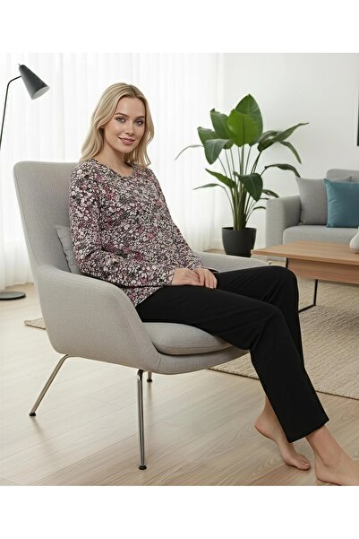 ÇAĞ MODA Viscose Long Sleeve Patterned Women's Pajamas Set