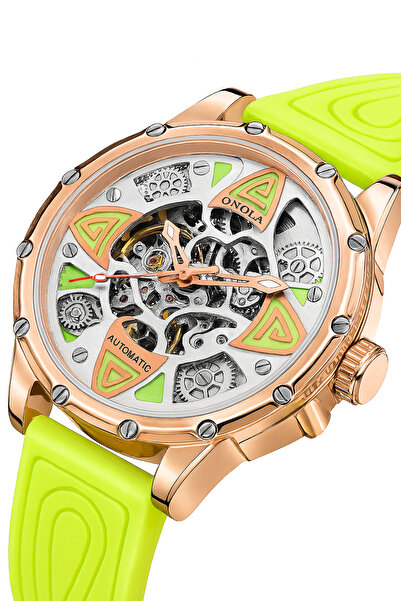 onola 3833 Automatic Mechanical Skeleton Watch – Unisex, Water Resistant, Business and Casual, gold/green