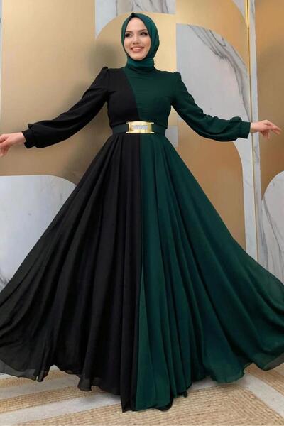TRENDTESETTÜR فستان شيفون نسائي بلونين مع حزام أخضر (زمردي) T 6083