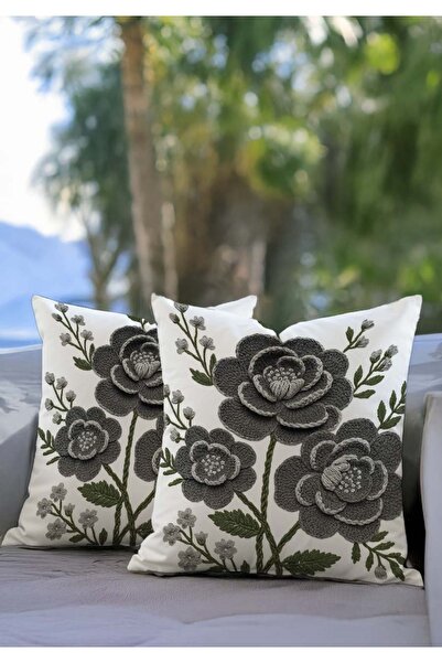Pillow Home Set de 2 huse decorative pentru perne cu aspect de broderie 3D, cu model de flori gri, imprimate digital