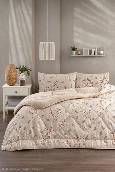DAMIEN Çift Kişilik Welsoft Yorgan Uyku Seti Bej Etnik | Lastikli Çarşaflı | Çeyiz Seti | Çeyiz Takımı |