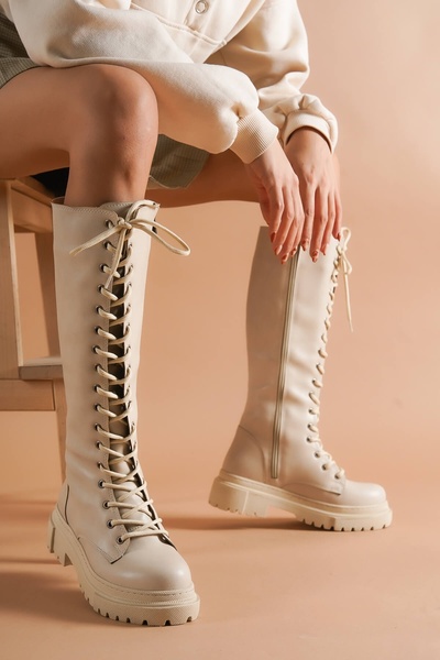 DİVOLYA Bany Beige Lace Up Side Zipper Daily Women's Boots