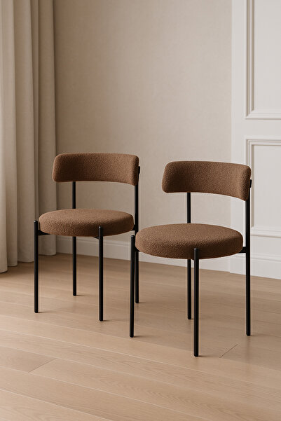 Atolye Casa Gini Sandalye Siyah Ayak Kahverengi Kumaş 2 Adet