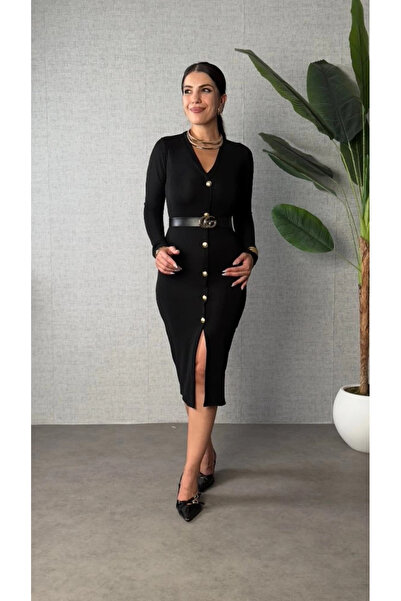 TBL DEKOR فستان نسائي طويل الأكمام برقبة على شكل حرف V وأزرار أمامية شق فستان...