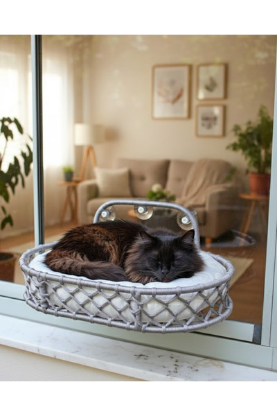 Reyo Kedi ve Köpek El Örgüsü Vantuzlu Cam Yatağı Hamak Gri