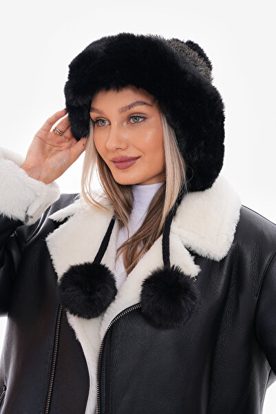 Axesoire 14641 Ponponlu Üzeri Peluş Kürklü Siyah Pilot Şapka Bere