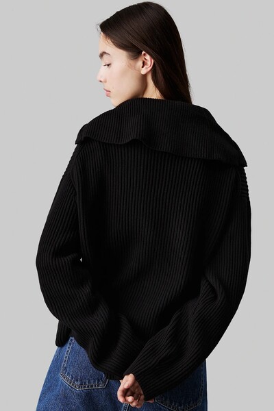 Calvin Klein Chunky Women's Cardigan Women's Loose Fit Zippered Turn-Down Collar Sweatshirt Black