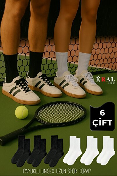 KRAL SOCKS Unisex Black-White 6 Pairs Cotton Tennis Sports Long Socks