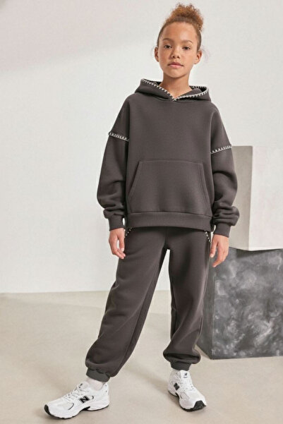 Minipodyum Kangaroo Pocket Hooded Girl's Bottom Top Tracksuit Set