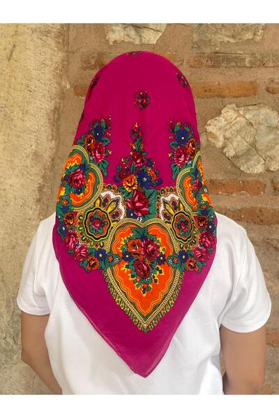 Sobe Hediyelik Mardin Calligraphy Pink Floral Patterned Headscarf on Pink Background 100X100 cm – Dowry and Daily Use