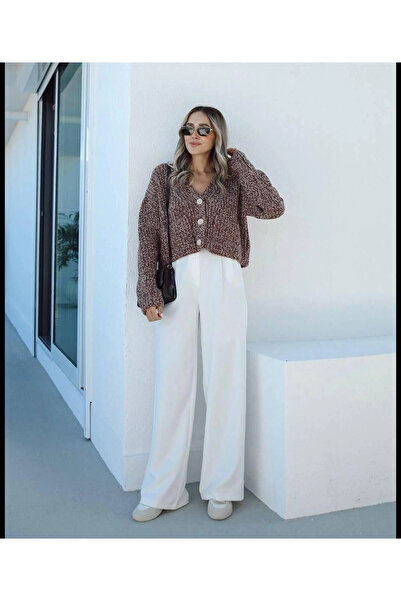 MetuCA Kadın Beyaz Yüksek Bel Düğmeli Cepli Düz Ispanyol Bol Paça Kumaş Palazzo Pantolon