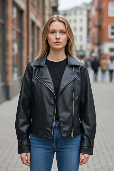 İLKCET MODA Δερμάτινο μπουφάν με μανίκια μπαλόνι μαύρο oversize