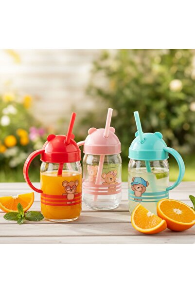 Qlüx طقم أكواب زجاجية مع شفاطة للأطفال مكون من 3 قطع