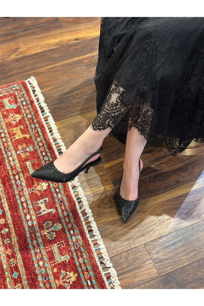 MARCATELLI Siyah Saten Taşlı Topuklu Ayakkabı