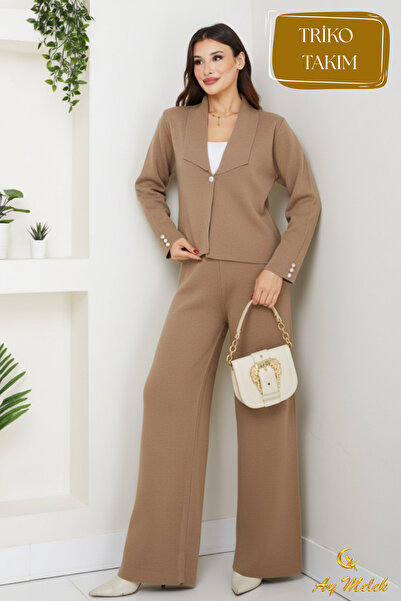 AYMELEK Women's Knitwear Set Buttoned Shawl Collar Stylish Pants Set