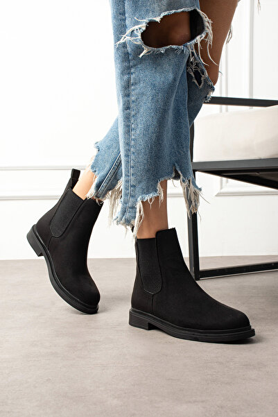 eformoda by emre yılmaz حذاء نسائي من جلد الغزال الأسود مع أحذية مطاطية K66