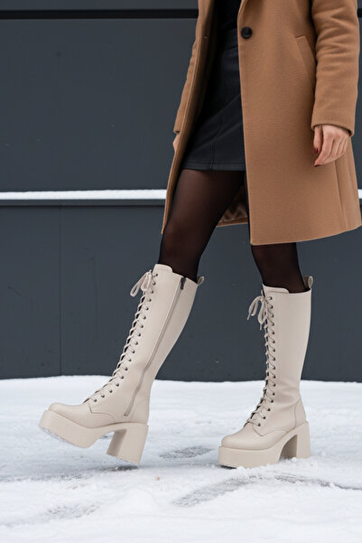 Limeo Thick High Heeled Zippered Below-The-Knee Plain Lace-Up Women's Cream Boots