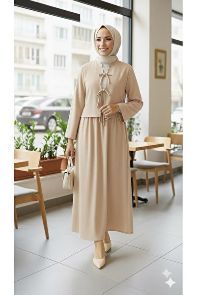 ECEYLÜL MODA Costum negru hijab cu fustă, jachetă scurtă cu cravată și costum din două piese cu fustă lungă, elegant, casual, sezon nou