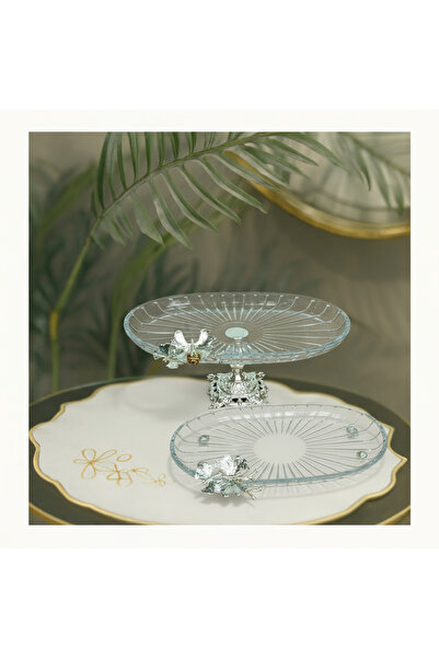 Elta Collection 2 li Paşabahçe Kristal Metal Ayaklı Gümüş Oval Düz Pasta Sunu...