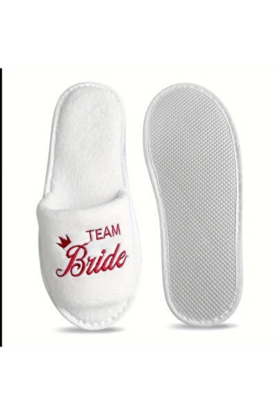 Store Burgundy Embroidered White Plush Bridesmaid Slippers