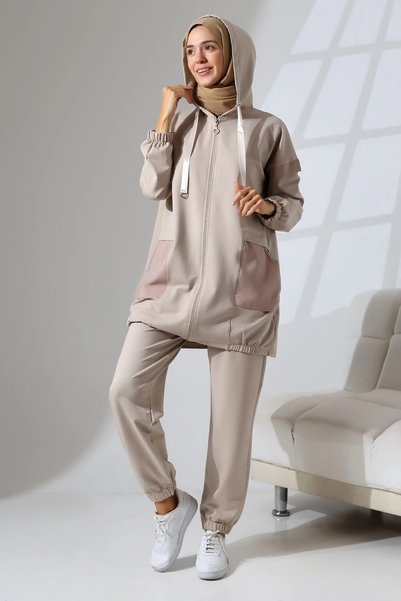 Mihran Butik Women's Stone Color Seasonal Combed Cotton Bottom Top Sports and Comfortable Hijab Suit