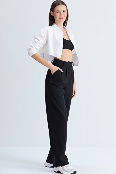 Sılversun Women's Relaxed Fit Wide Leg High Waist Classic Model Black Color Fabric Trousers