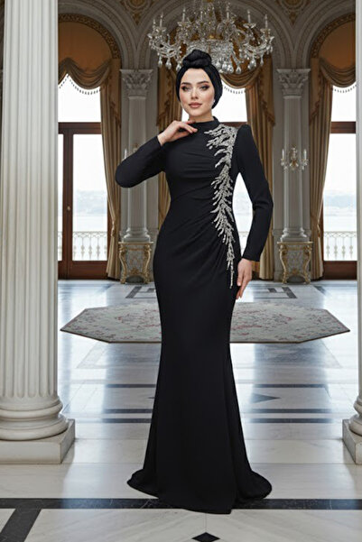 Neva Style Boncuk Işlemeli Siyah Tesettür Abiye Elbise 4964s