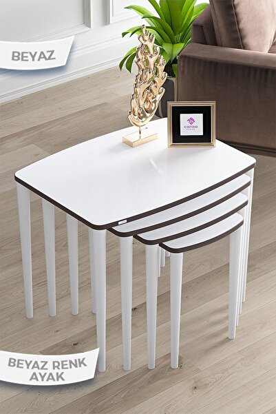 Canisa Telwe Serisi Mdf 1.sınıf 4lü Beyaz Zigon Sehpa Takımı, Ceviz Kenar Bey...