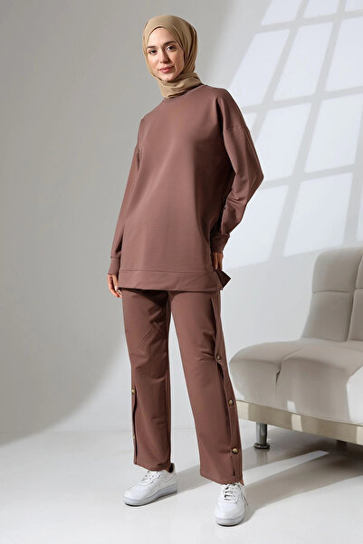 Mihran Butik Set de îmbrăcăminte pentru femei, maro, sezonier, din bumbac pieptănat, de sus, de sus, sport și confortabil, cu tunică dublă, costum elegant de hijab