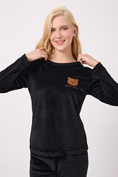 TURAY Stella Lauren Kadife Uzunkol Kadın Siyah Pijama Takımı