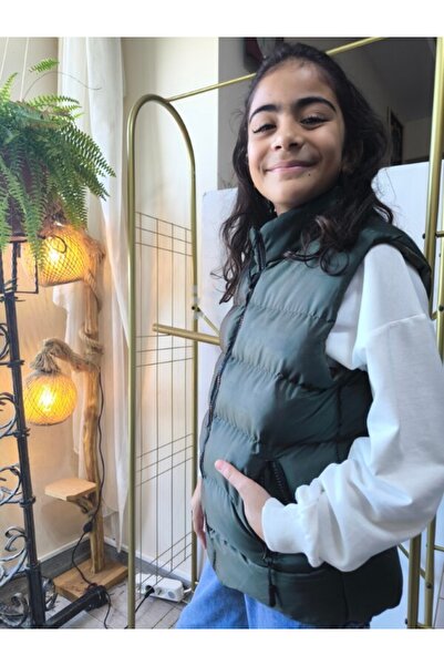 Şimo Butik Girls-Boys Children's Puffer Vest Lined Zippered Pocket Waterproof Windbreaker Thermal Insulated Khaki Green