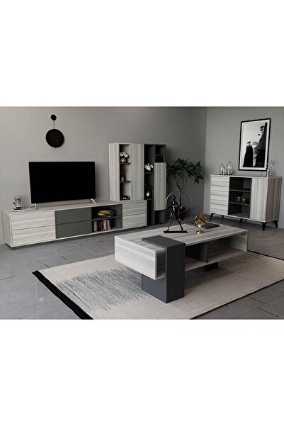 Stylish Home طقم طاولات تلفزيون ووسط وكونسول رمادي وابيض- SH63