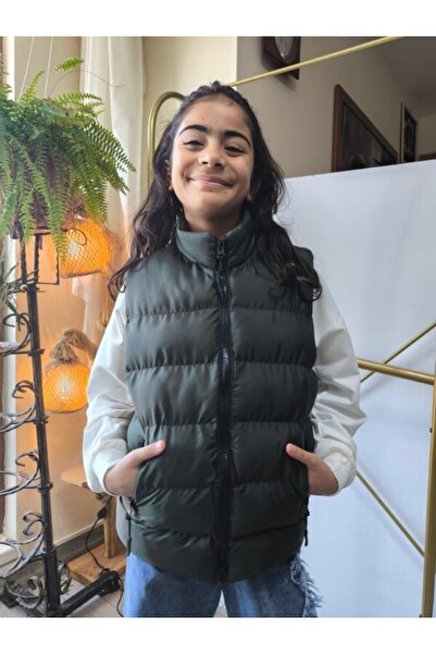 Şimo Butik Girls-Boys Children's Puffer Vest Lined Zippered Pocket Waterproof Windbreaker Thermal Insulated Khaki Green