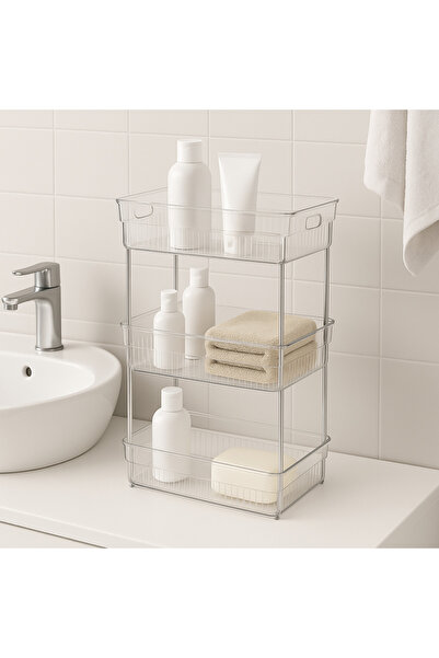 SUPPLIER 3-Tier Bathroom Storage Organiser, Makeup Organizer Shelf | Clear Plastic Shelves with Metal Poles