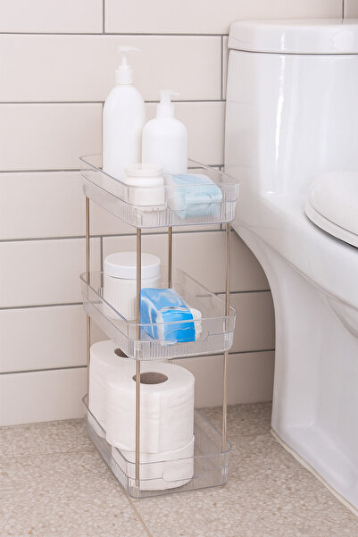 SUPPLIER 3-Tier Bathroom Storage Organiser, Makeup Organizer Shelf | Clear Plastic Shelves with Metal Poles