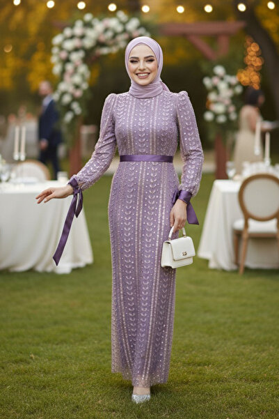 Neva Style Beaded Lilac Hijab Evening Dress 4891Lıla