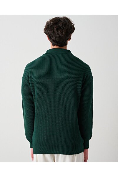 İLKCET MODA Collared Three-Button Emerald Ribbed Oversize Sweater